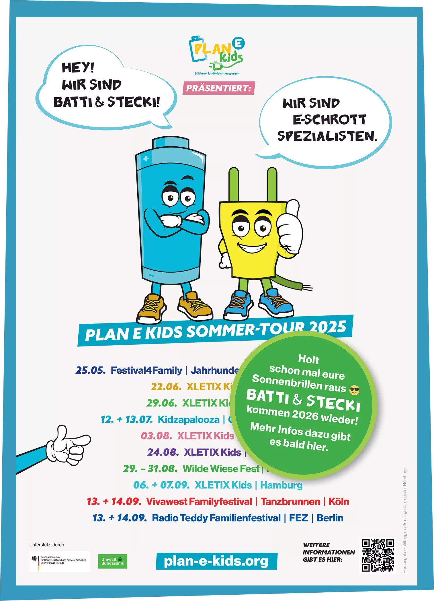 Plakatvorschau von der Plan E Kids Sommer-Tour 2025, präsentiert von Batti und Stecki.