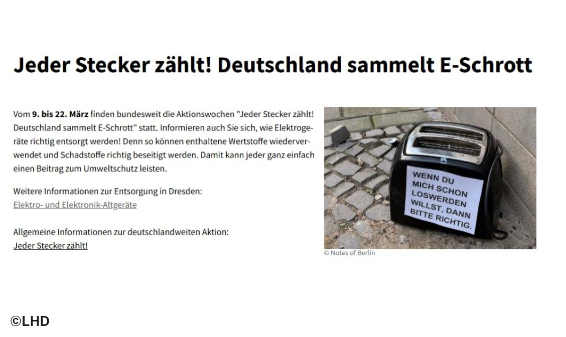 Ein Werbe-Post mit der Überschrift "Jeder Stecker zählt! Deutschland sammelt E-Schrott" und ein Bild von einem alten Toaster mit einem angeklebten Text, der lautet: "Wenn du mich schon loswerden willst, dann bitte richtig."