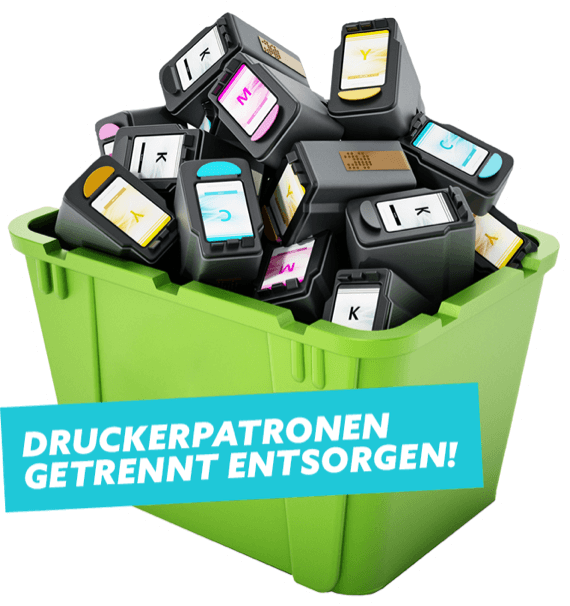 "Druckerpartronen getrennt entsorgen!" geschrieben vor einem Eimer mit alten Druckerpatronen