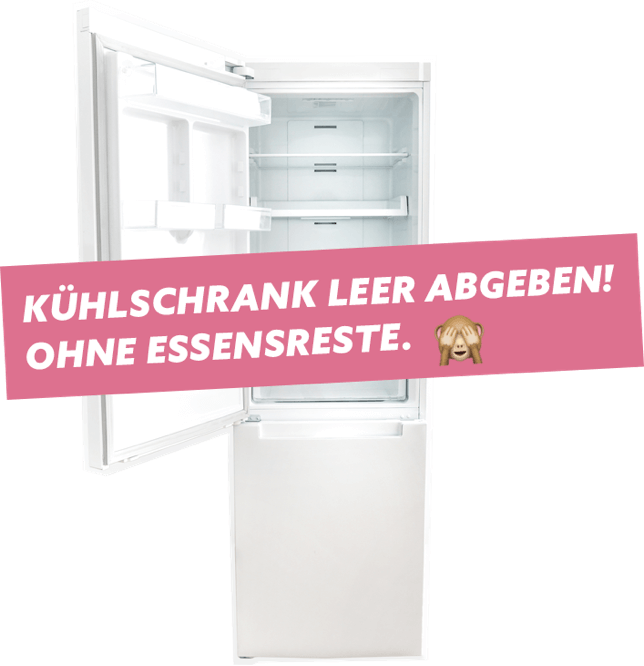"Kühlschrank leer abgeben! Ohne Essensreste." geschrieben vor einem gesäuberten alten Kühlschrank.