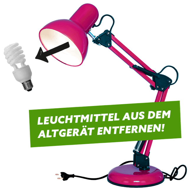 "Leuchtmittel aus dem Altgerät entfernen!" geschrieben vor einer Stehlampe.