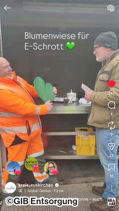 Zwei Männer unterhalten sich. Ein Text zwischen ihnen beiden lautet "Blumenwiese für E-Schrott"